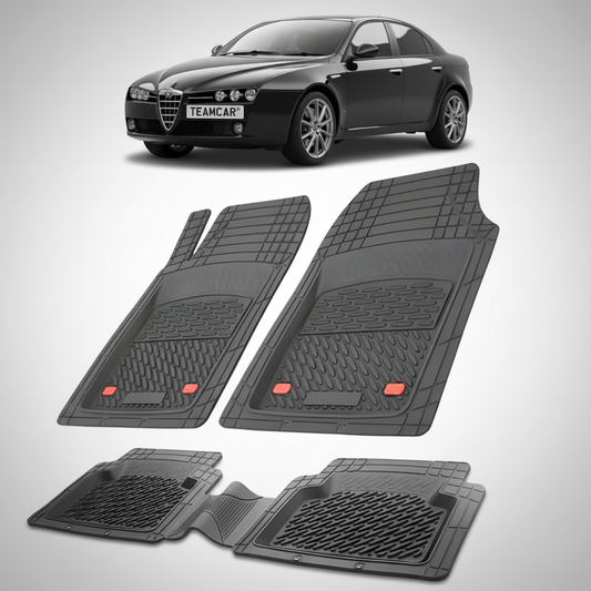 set de covorase din cauciuc negre cu o alfa romeo 159 sedan neagra in fundal