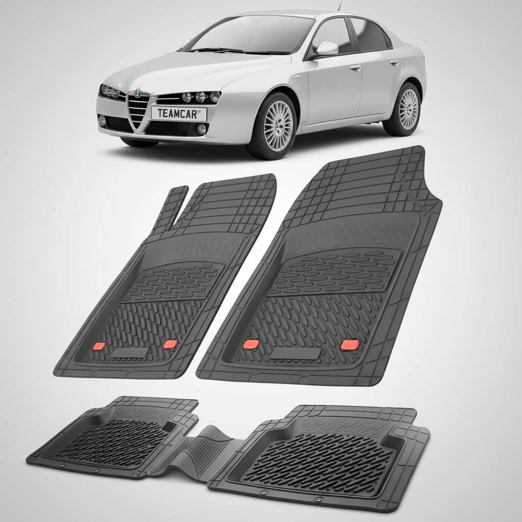 set de covorase din cauciuc negre cu o alfa romeo 159 sedan argintie in fundal