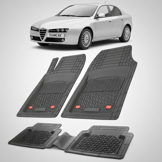 set de covorase din cauciuc negre cu o alfa romeo 159 sedan argintie in fundal