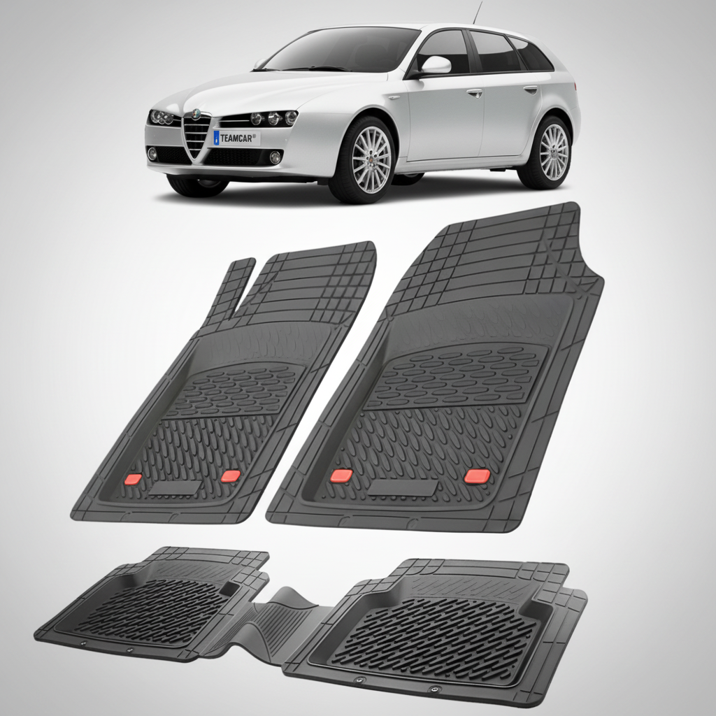 set de covorase din cauciuc negre cu o alfa romeo 159 sportwagon argintie in fundal