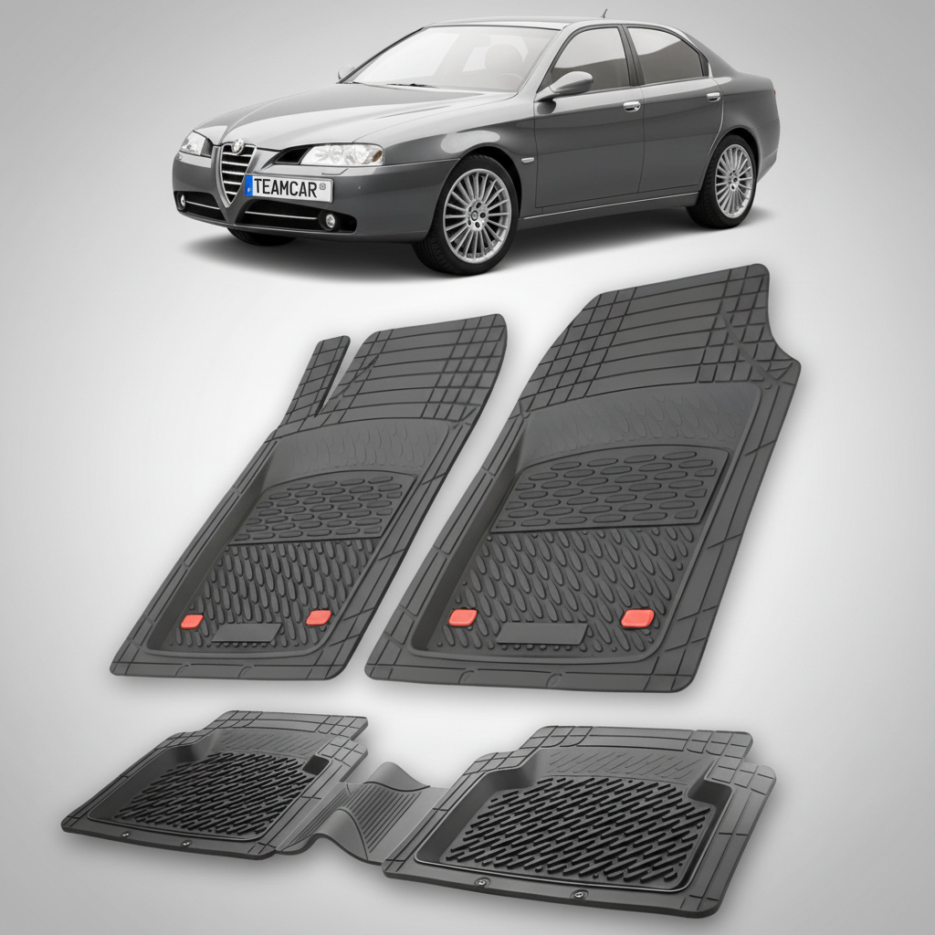 set de covorase din cauciuc negre cu o alfa romeo 166 sedan gri in fundal