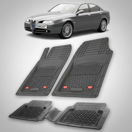 set de covorase din cauciuc negre cu o alfa romeo 166 sedan gri in fundal