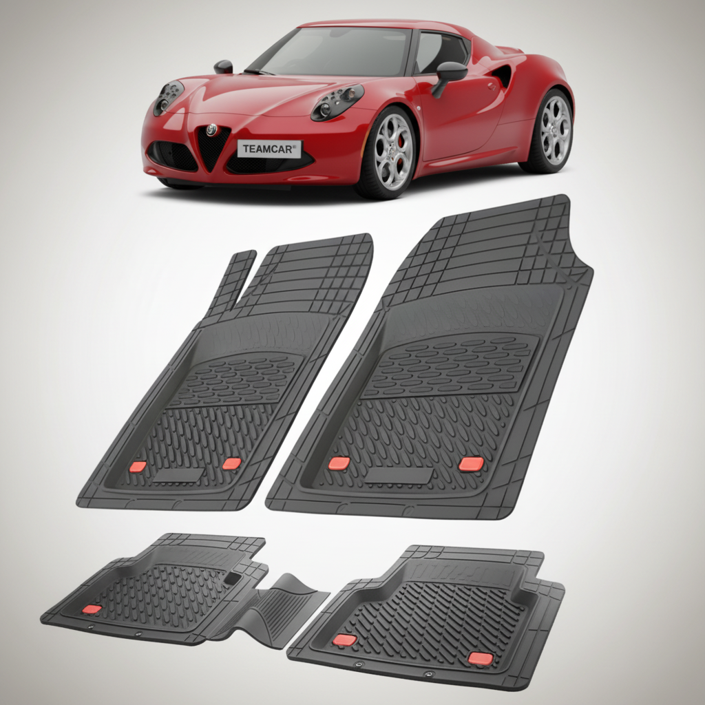 set de covorase din cauciuc negre cu o alfa romeo 4c coupe rosu in fundal