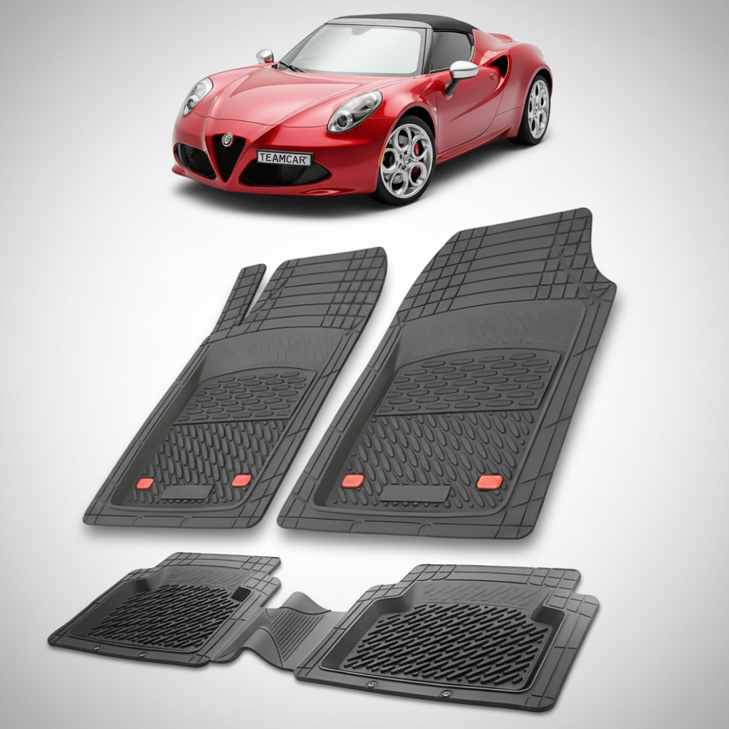 set de covorase din cauciuc negre cu o alfa romeo 4c spider rosu in fundal