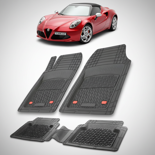 set de covorase din cauciuc negre cu o alfa romeo 4c spider rosu in fundal