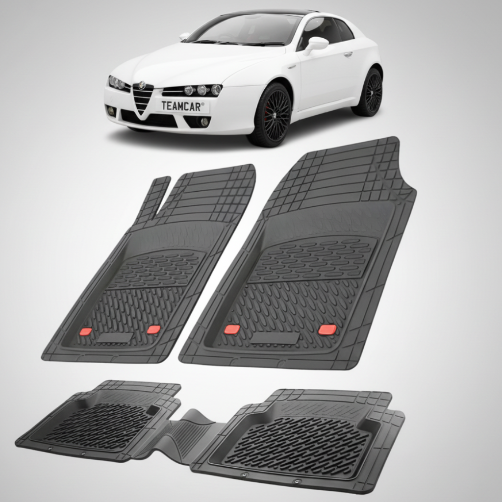 set de covorase din cauciuc negre cu o alfa romeo brera coupe alba in fundal