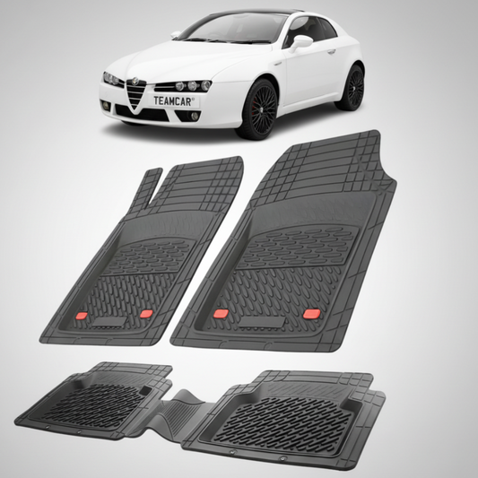 set de covorase din cauciuc negre cu o alfa romeo brera coupe alba in fundal