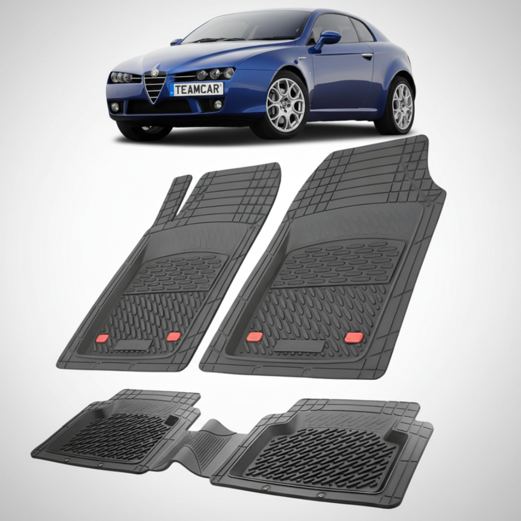 set de covorase din cauciuc negre cu o alfa romeo brera albastra in fundal