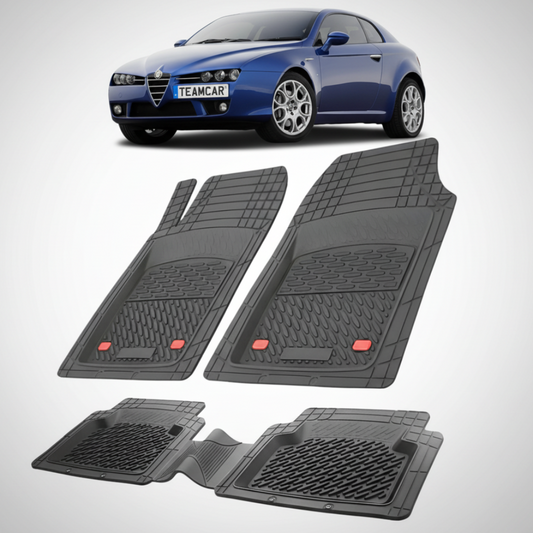 set de covorase din cauciuc negre cu o alfa romeo brera albastra in fundal