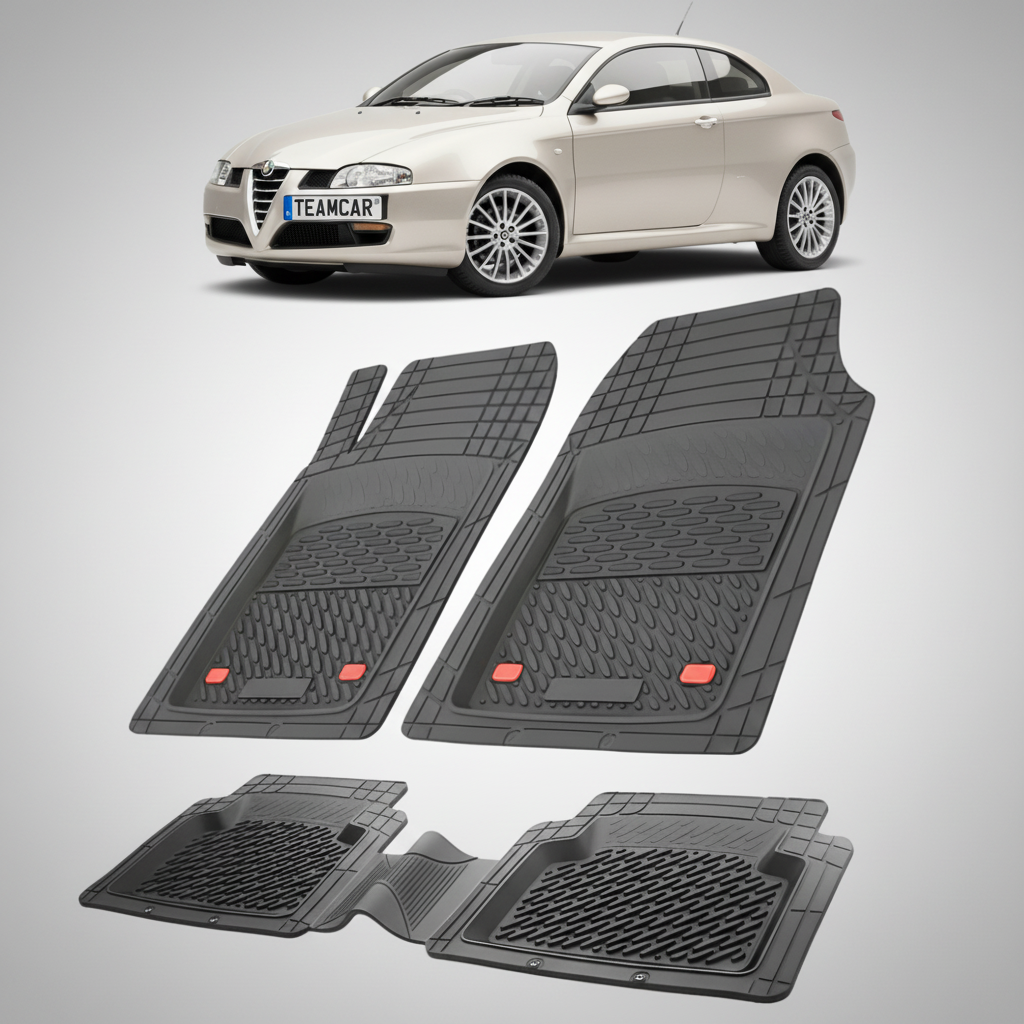 set de covorase din cauciuc negre cu o alfa romeo gt bej in fundal