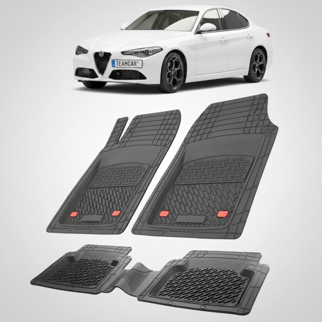 set de covorase din cauciuc negre cu o alfa romeo giulia alba in fundal