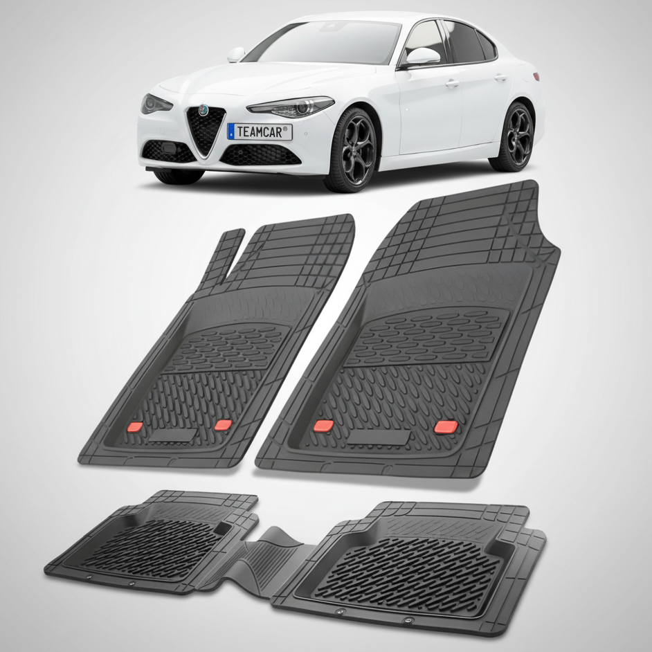 set de covorase din cauciuc negre cu o alfa romeo giulia sedan alba in fundal