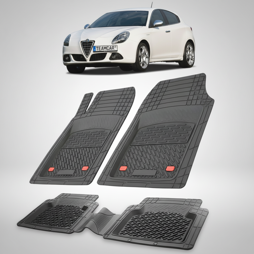 set de covorase din cauciuc negre cu o alfa romeo giulietta alba in fundal