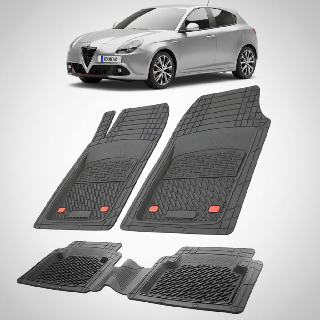 set de covorase din cauciuc negre cu o alfa romeo giulietta hatchback gri in fundal