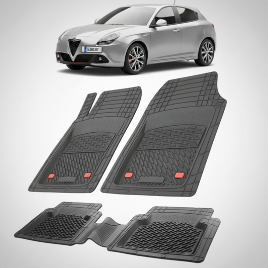 set de covorase din cauciuc negre cu o alfa romeo giulietta hatchback gri in fundal