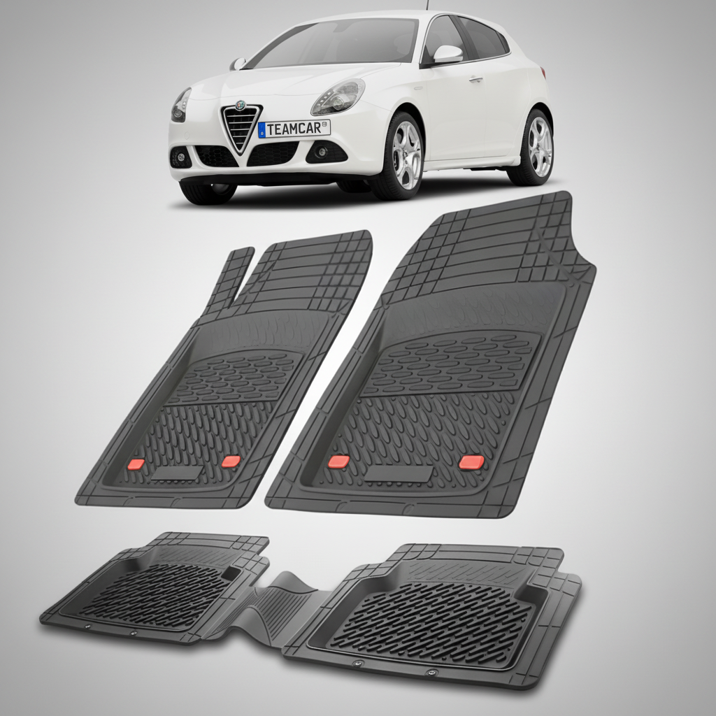 fekete gumiszőnyegek egy fehér Alfa Romeo Giulietta ferdehátúval a háttérben