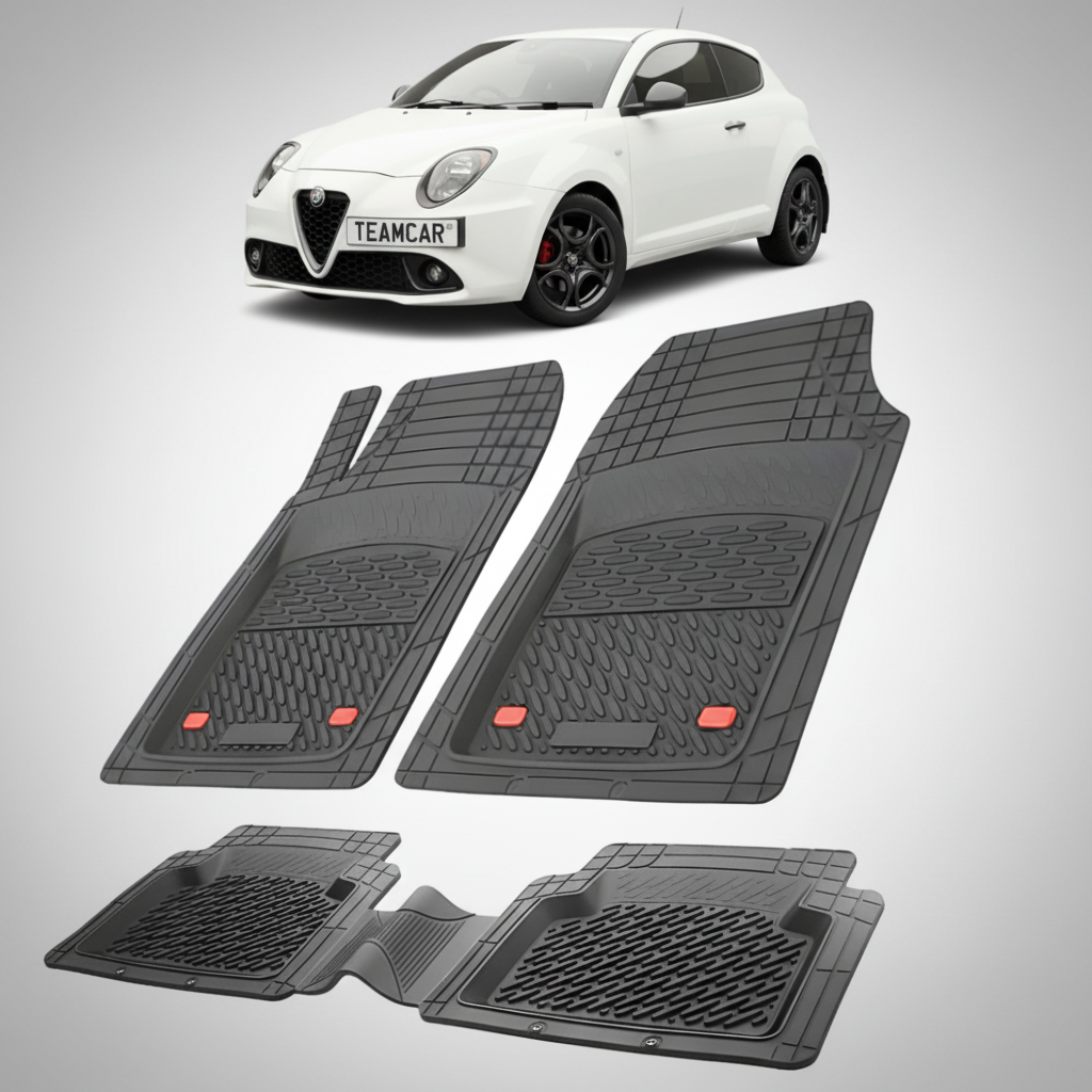 set de covorase din cauciuc negre cu o alfa romeo mito hatchback alba in fundal