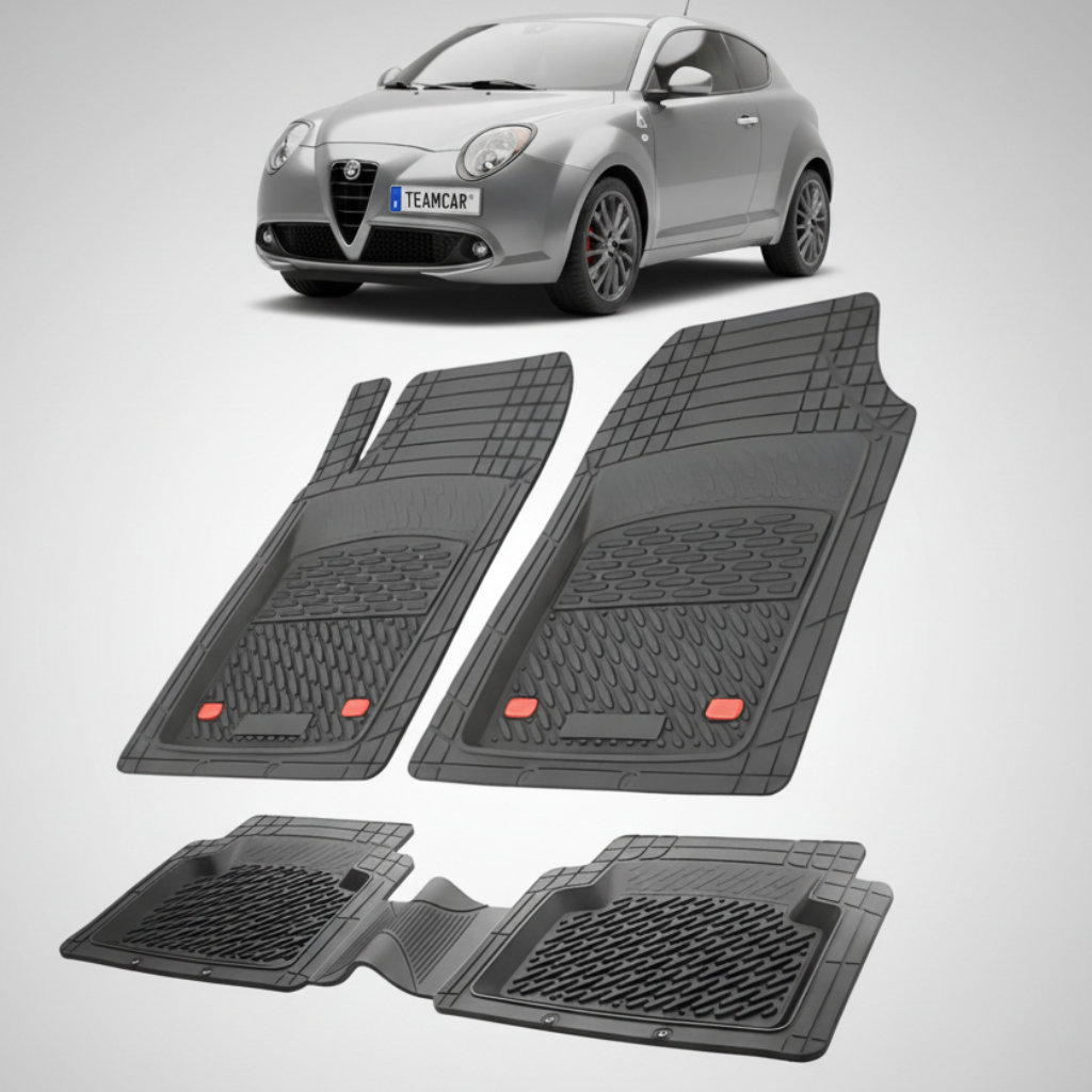 set de covorase din cauciuc negre cu o alfa romeo mito hatchback gri in fundal