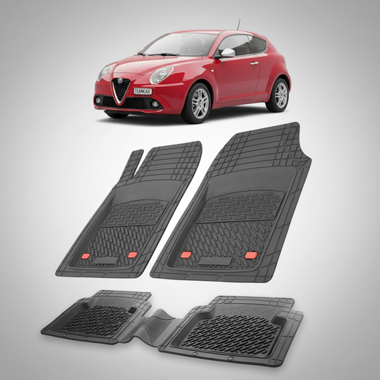 set de covorase din cauciuc negre cu o alfa romeo mito hatchback rosu in fundal