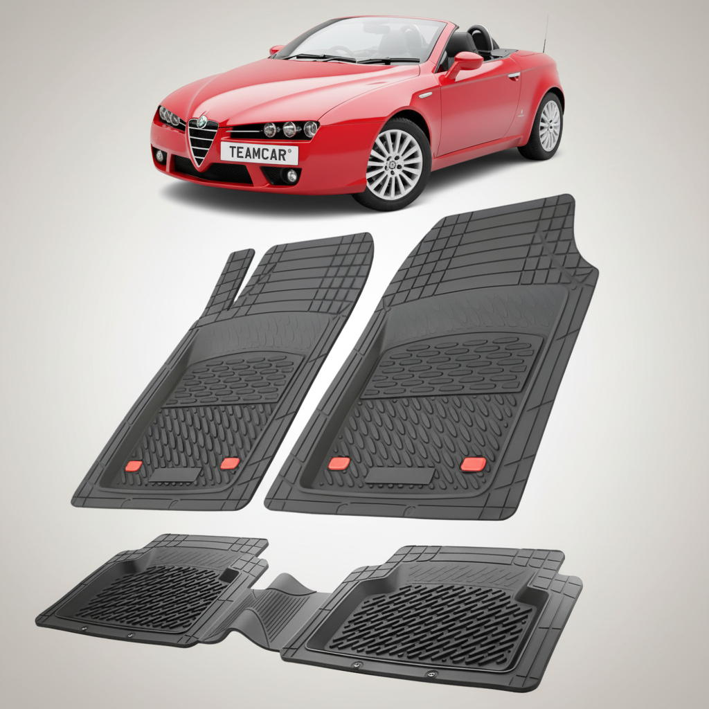 fekete gumiszőnyegek egy sorával, a háttérben egy Alfa Romeo Spider Cabrio-val