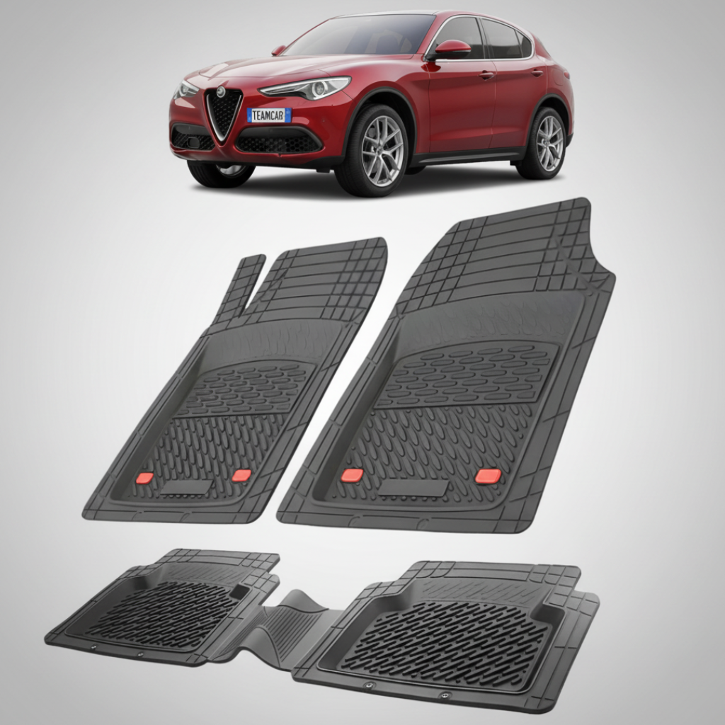 set de covorase din cauciuc negre cu o alfa romeo stelvio rosie in fundal