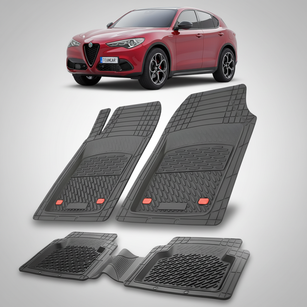 set de covorase din cauciuc negre cu o alfa romeo stelvio suv rosie in fundal
