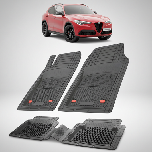 set de covorase din cauciuc negre cu o alfa romeo stelvio suv rosie in fundal