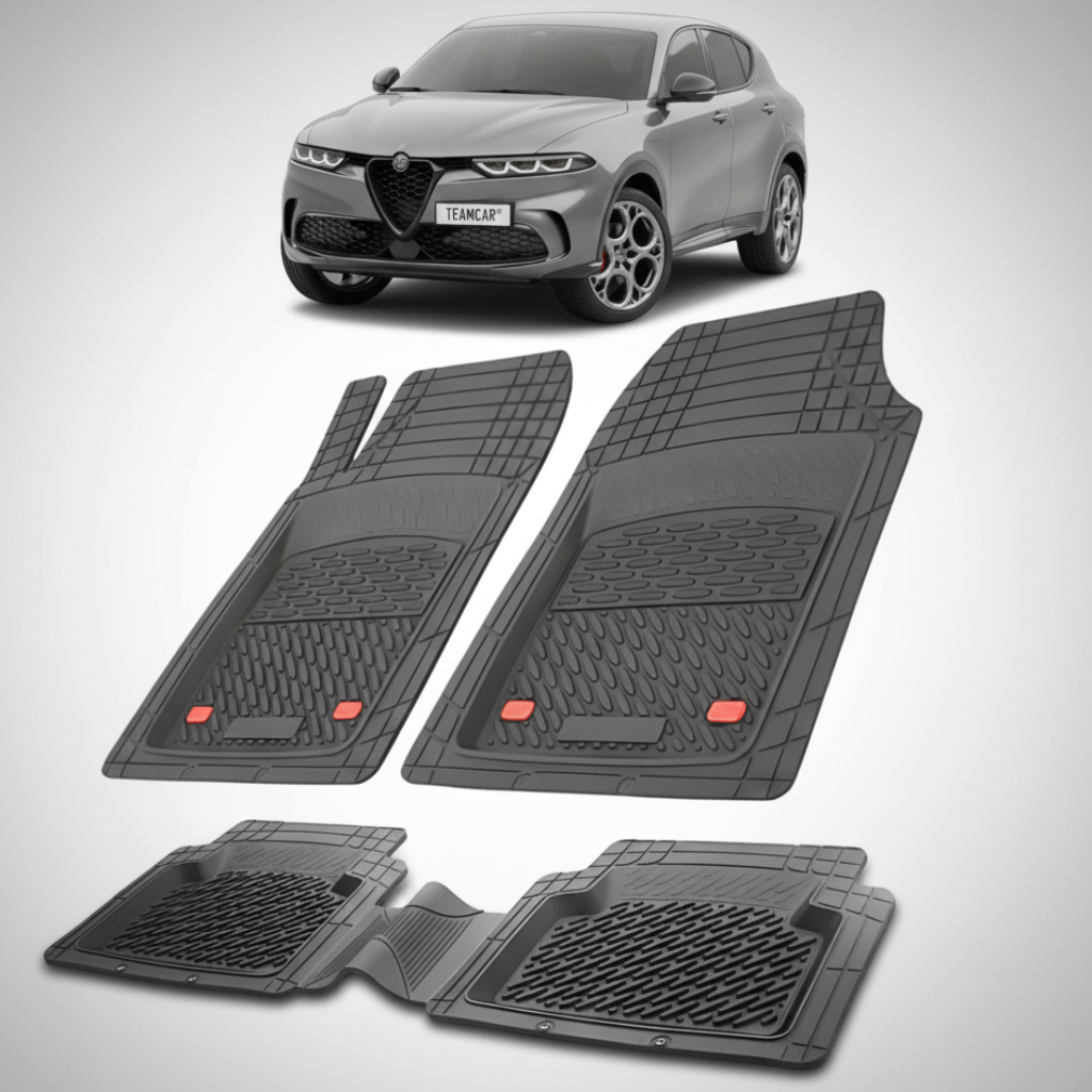 set de covorase din cauciuc negre cu o alfa romeo tonale gri in fundal