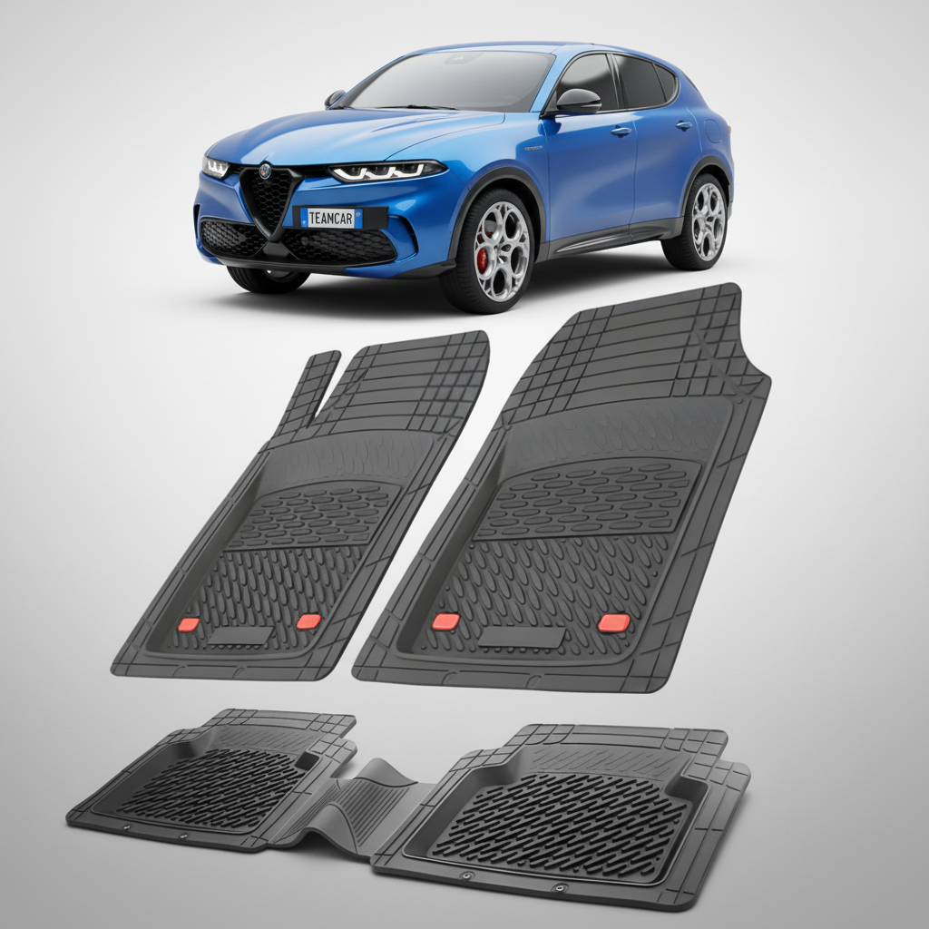 fekete gumiszőnyegek egy kék Alfa Romeo tonale SUV-val a háttérben