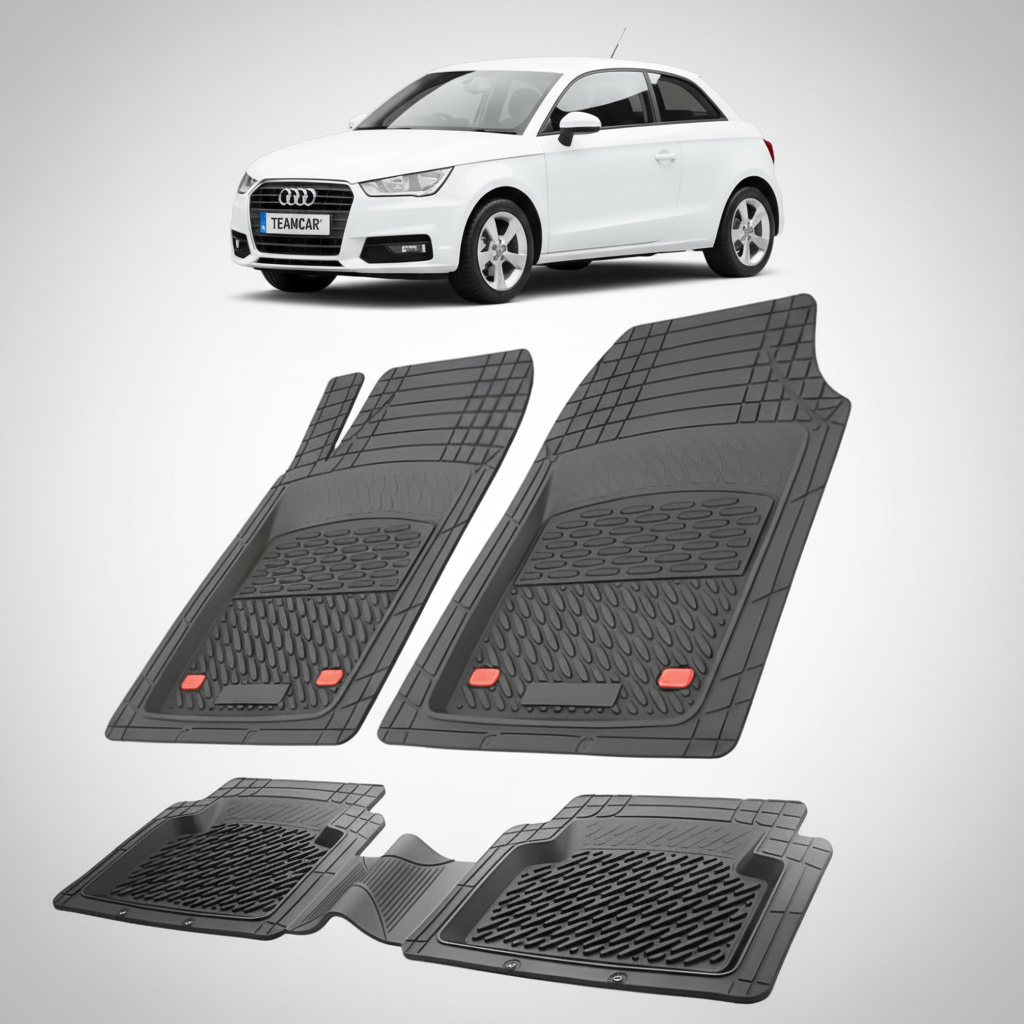 set de covorase din cauciuc negre cu un audi a1 8x hatchback 3 usi alb in fundal