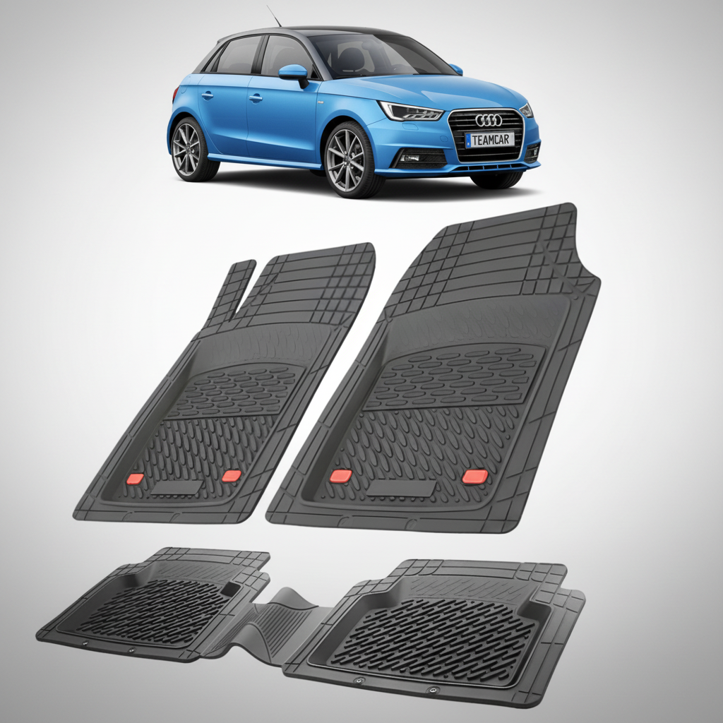 set de covorase din cauciuc negre cu un audi a1 8x hatchback 5 usi albastru in fundal