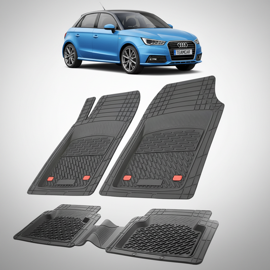 set de covorase din cauciuc negre cu un audi a1 8x hatchback 5 usi albastru in fundal