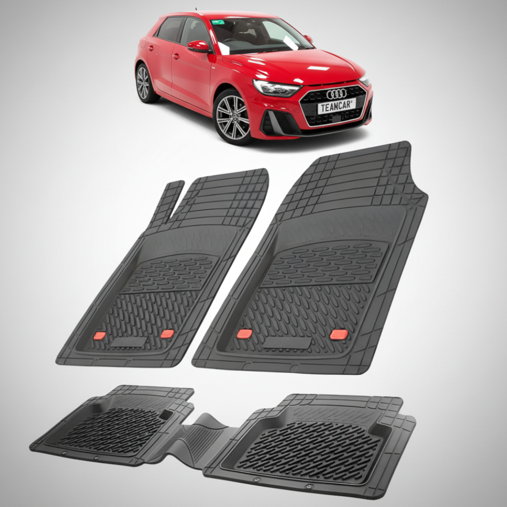 set de covorase din cauciuc negre cu un audi a1 gb hatchback 5 usi rosu in fundal