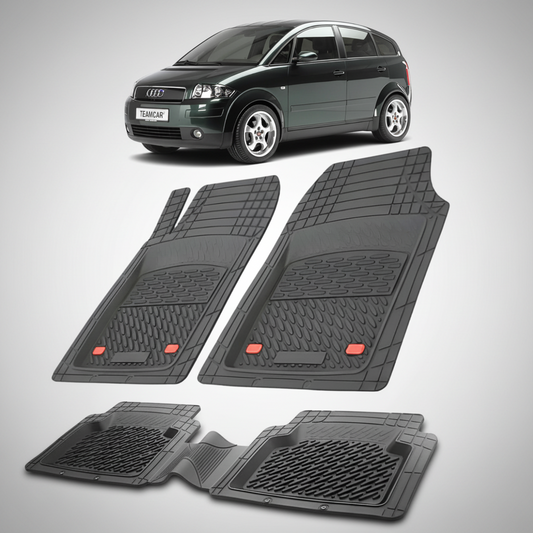 set de covorase din cauciuc negre cu un audi a2 negru in fundal