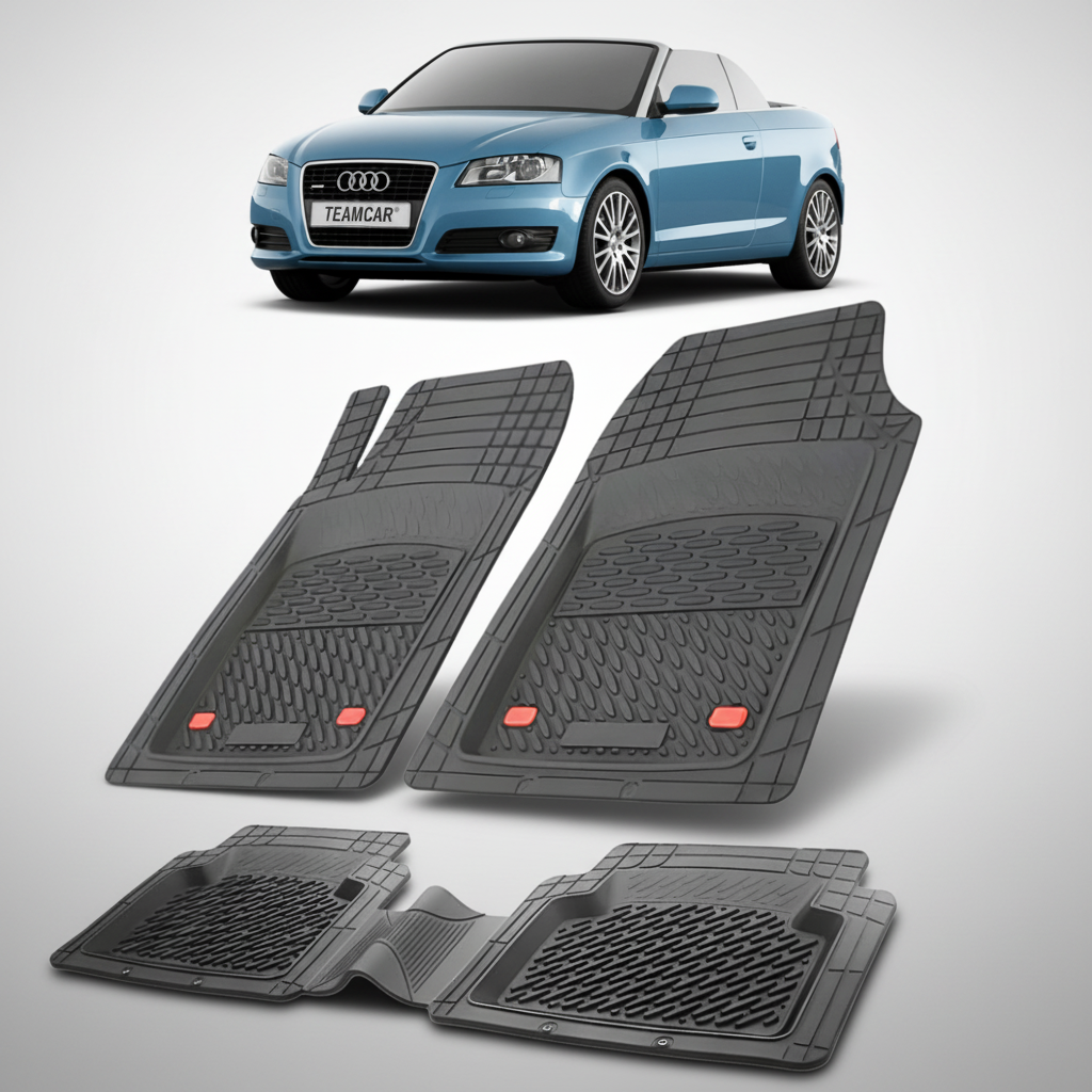 set de covorase din cauciuc negre cu un audi a3 8p cabriolet albastru deschis in fundal