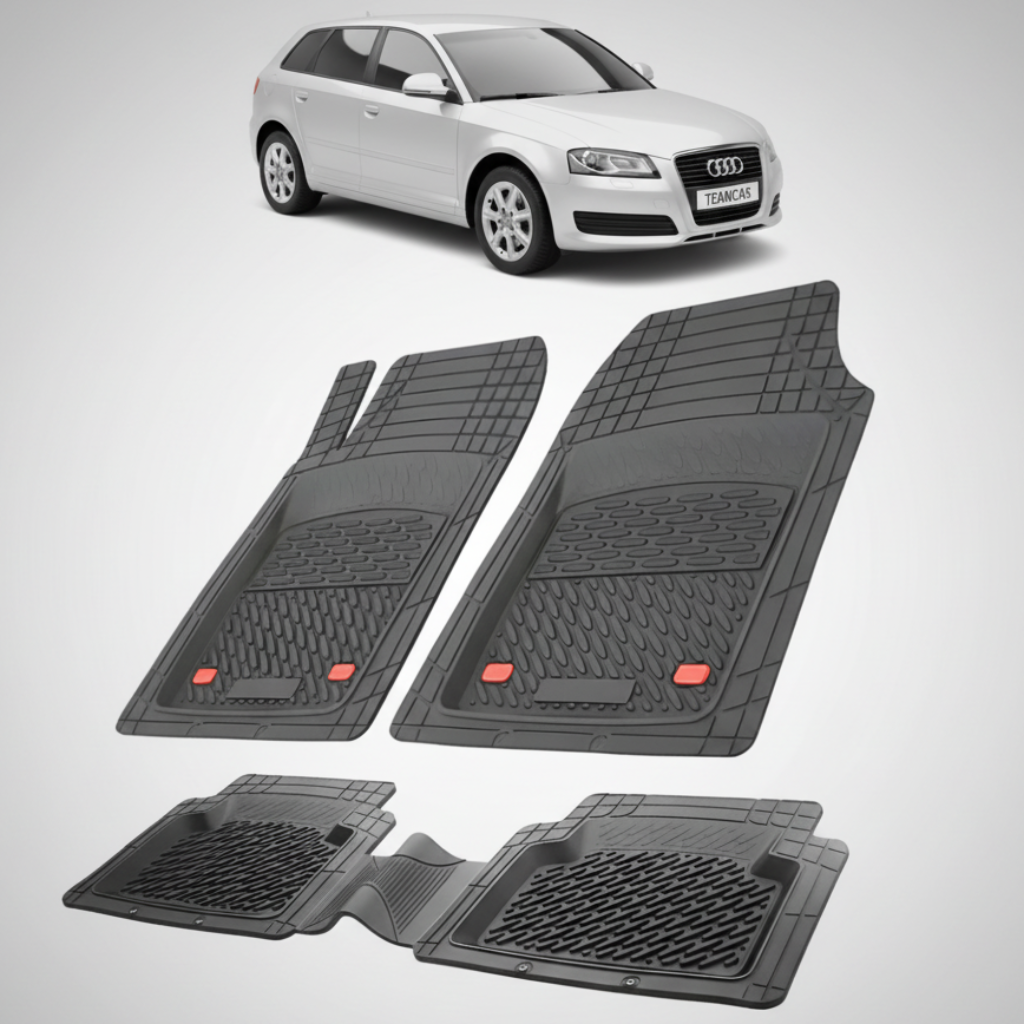 set de covorase din cauciuc negre cu un audi a3 8p hatchback 5 usi gri in fundal