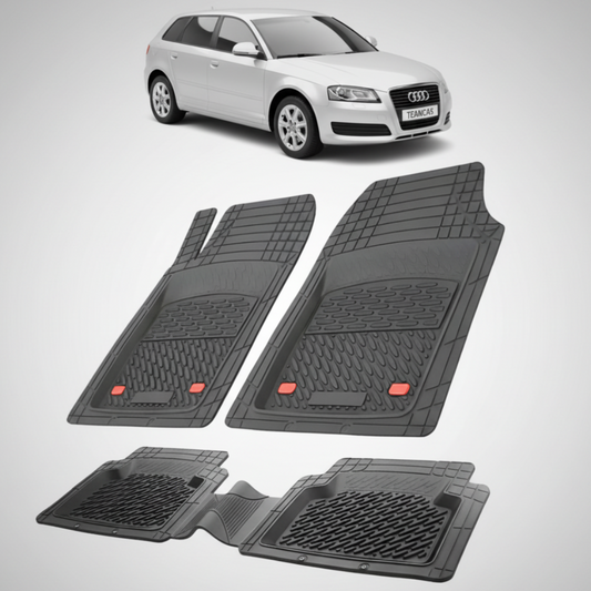 set de covorase din cauciuc negre cu un audi a3 8p hatchback 5 usi gri in fundal