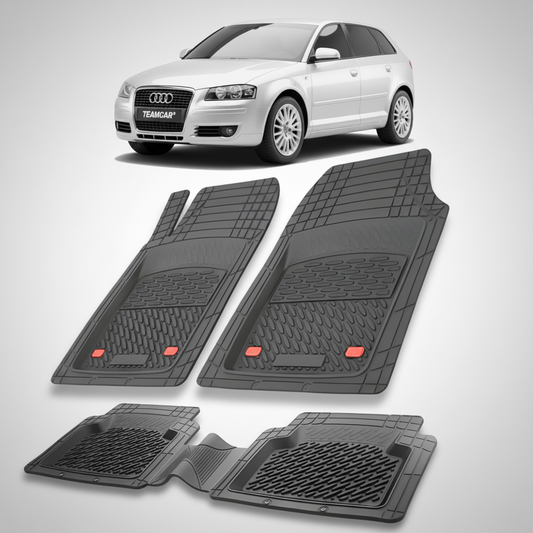 set de covorase din cauciuc negre cu un audi a3 8p argintiu in fundal