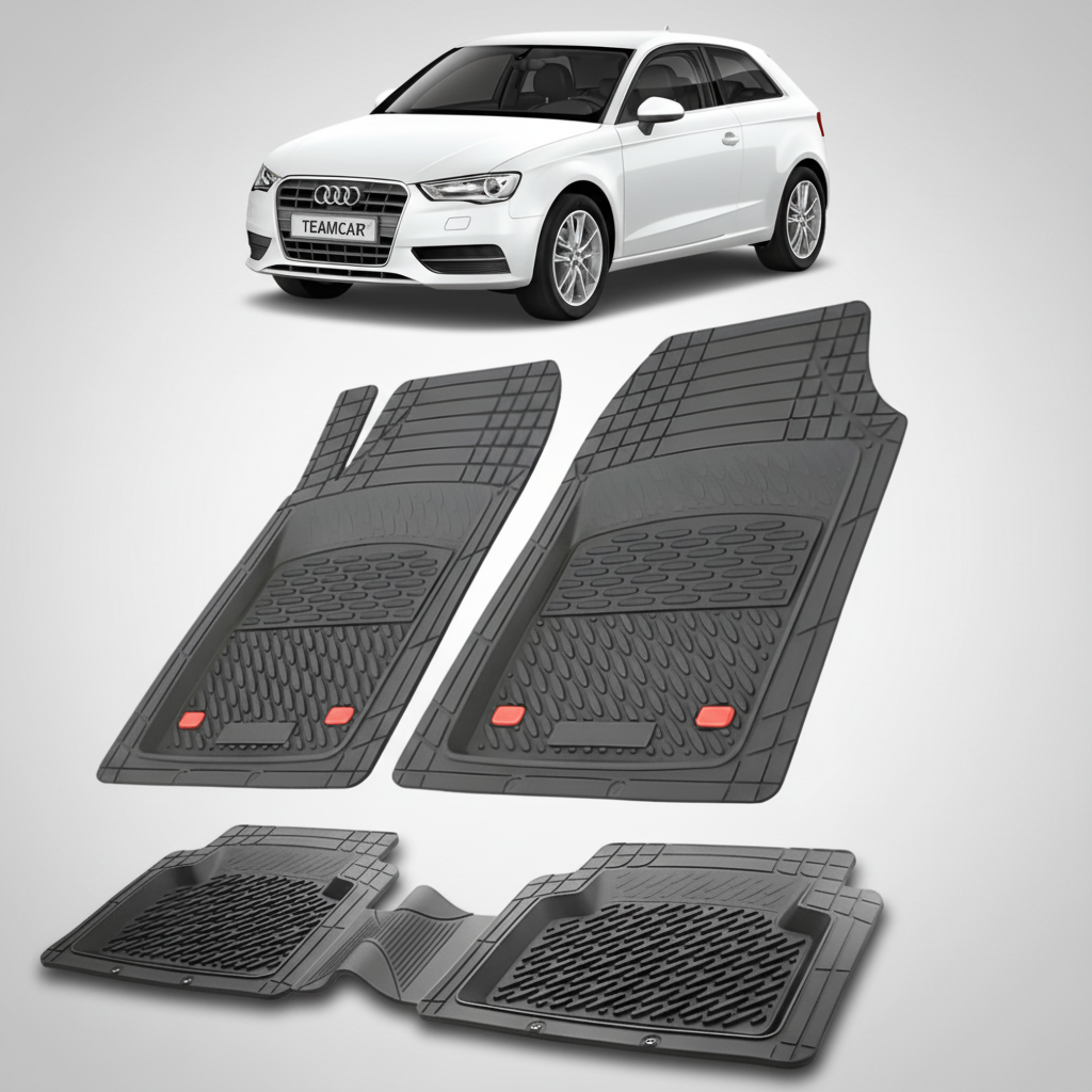 set de covorase din cauciuc negre cu un audi a3 8v hatchback 3 usi alb in fundal
