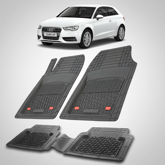 set de covorase din cauciuc negre cu un audi a3 8v hatchback 3 usi alb in fundal