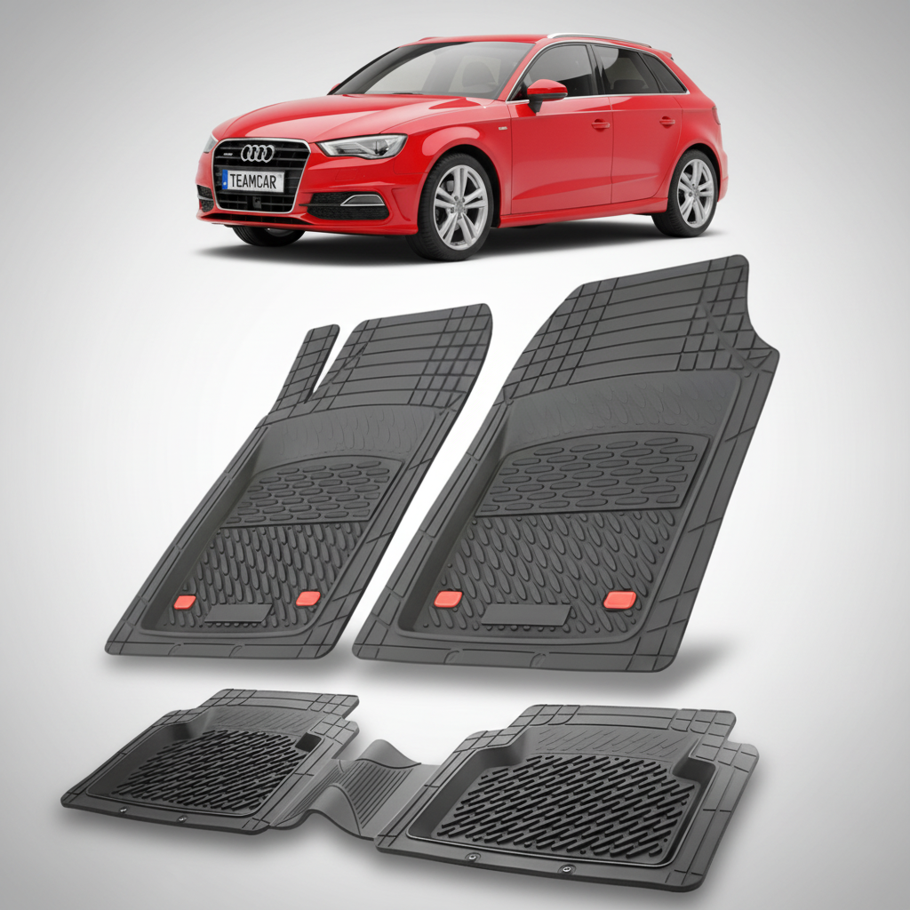 set de covorase din cauciuc negre cu un audi a3 8v hatchback 5 usi rosu in fundal