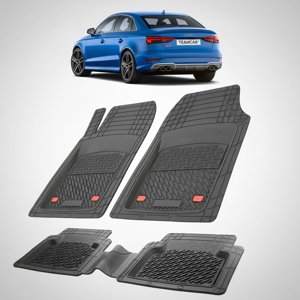 set de covorase din cauciuc negre cu un audi a3 8v sedan albastru in fundal