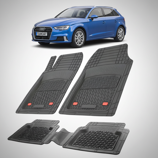 set de covorase din cauciuc negre cu un audi a3 8v albastru in fundal