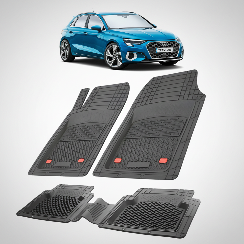 set de covorase din cauciuc negre cu un audi a3 8y hatchback 5 usi albastru in fundal