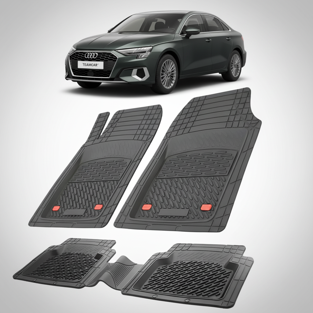 set de covorase din cauciuc negre cu un audi a3 8y sedan negru in fundal