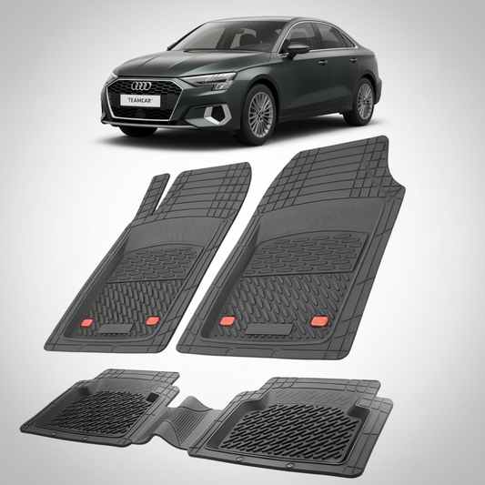 set de covorase din cauciuc negre cu un audi a3 8y sedan negru in fundal
