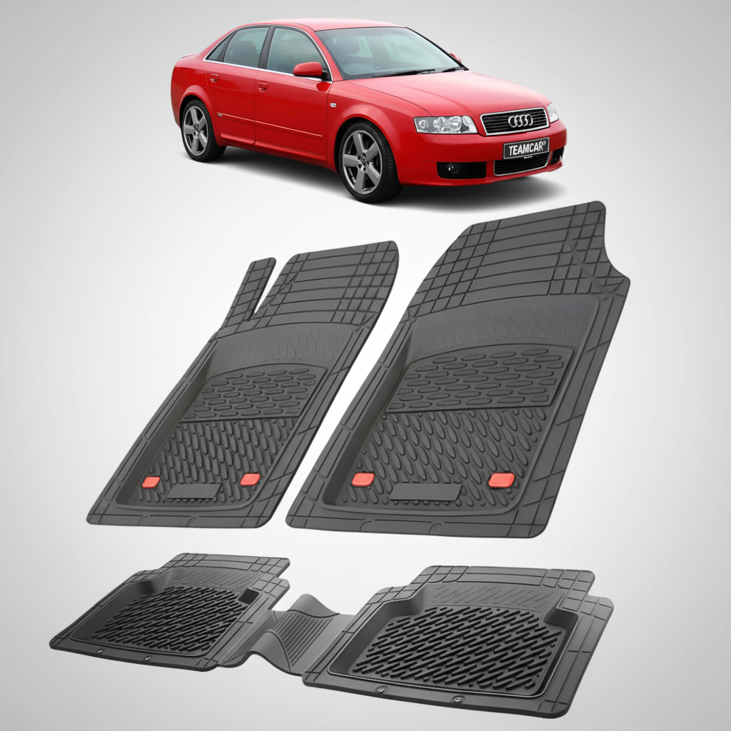 set de covorase din cauciuc negre cu un audi a4 b6 sedan rosu in fundal