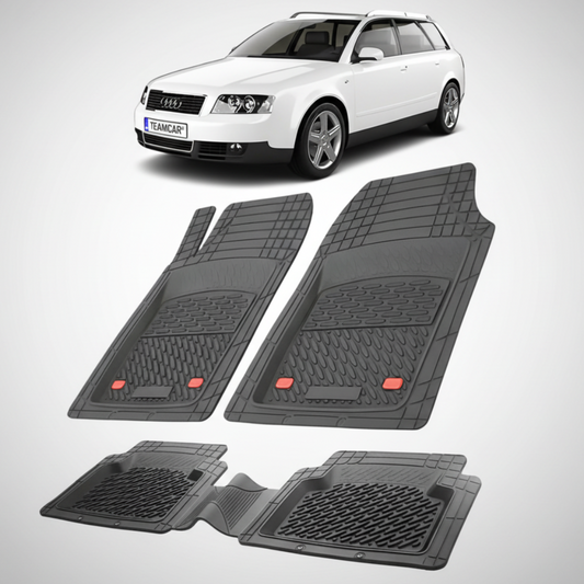 set de covorase din cauciuc negre cu un audi a4 b6 variant alb in fundal