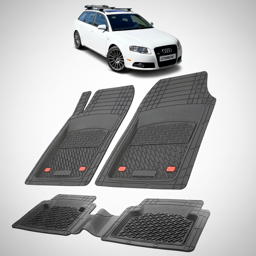 set de covorase din cauciuc negre cu un audi a4 b7 avant break alb in fundal