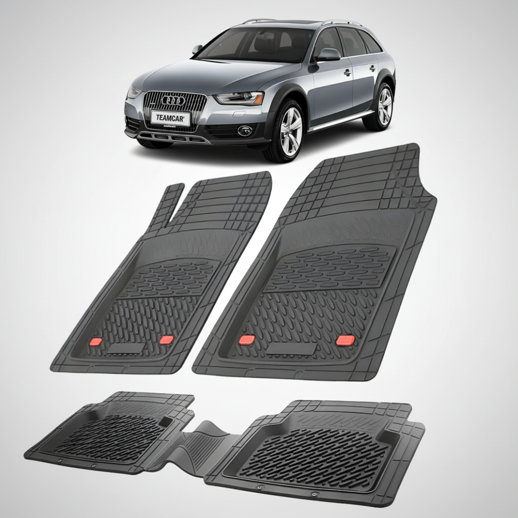 set de covorase din cauciuc negre cu un audi a4 b8 allroad gri inchis in fundal